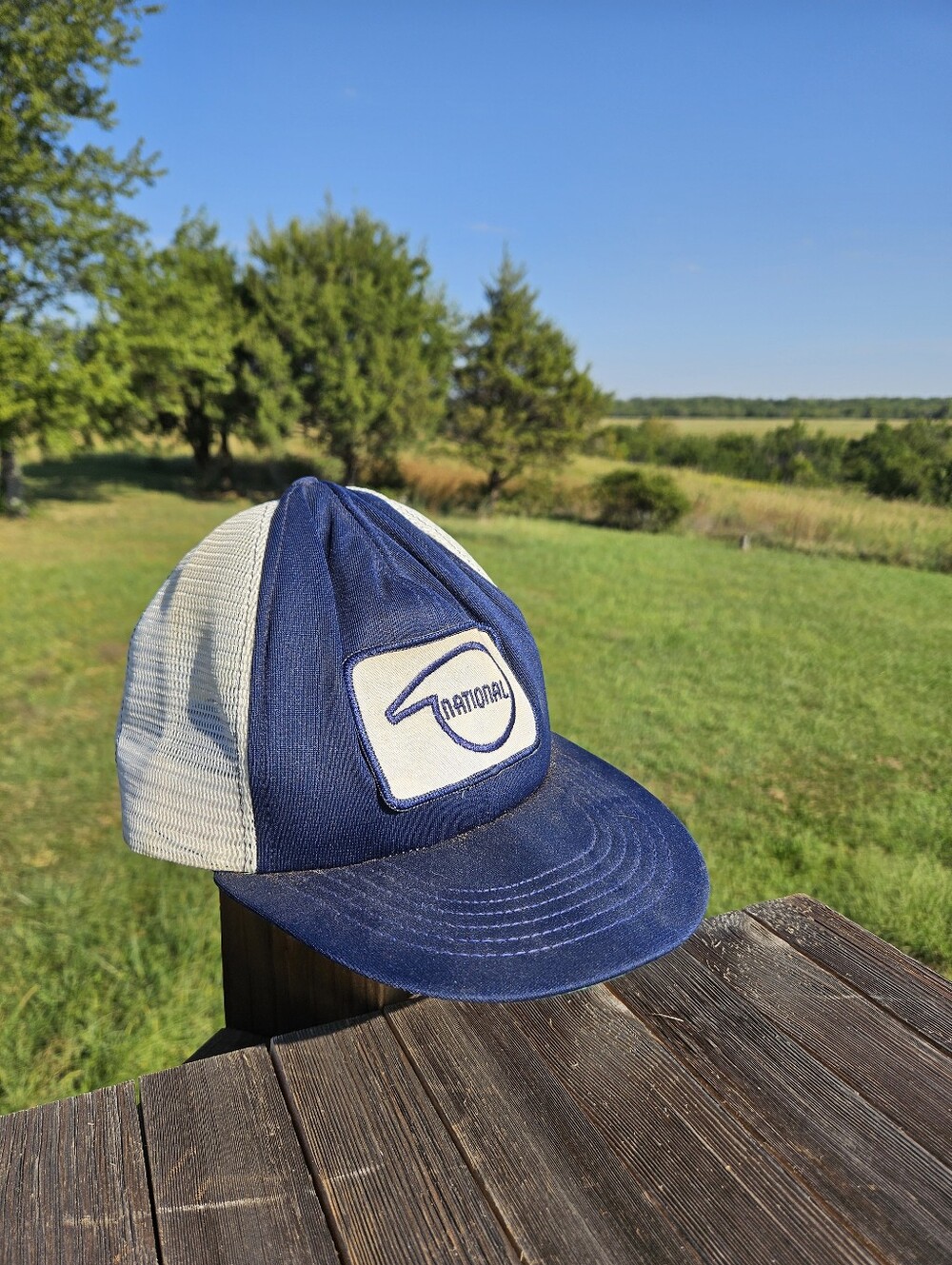 Vtg 1970s National Chemsearch Logo Trucker Hat Snapback Mesh Cap Blue White Retr